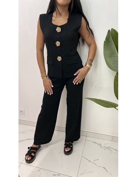 Ensemble en viscose noir gros boutons fleurs or