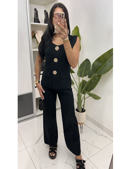 Ensemble en viscose noir gros boutons fleurs or