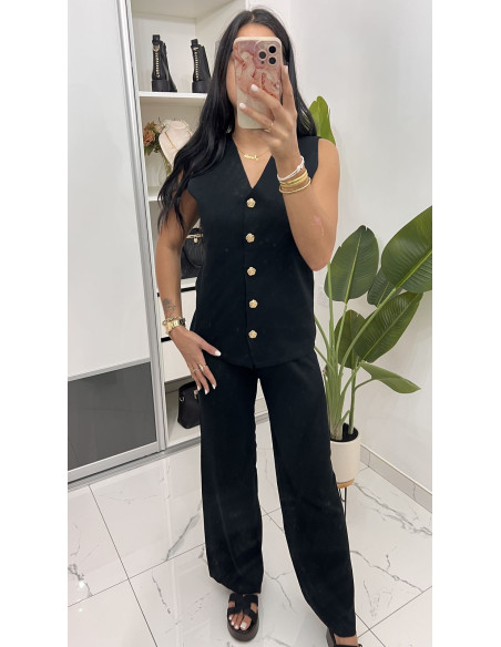Ensemble en viscose noir petits boutons fleurs or