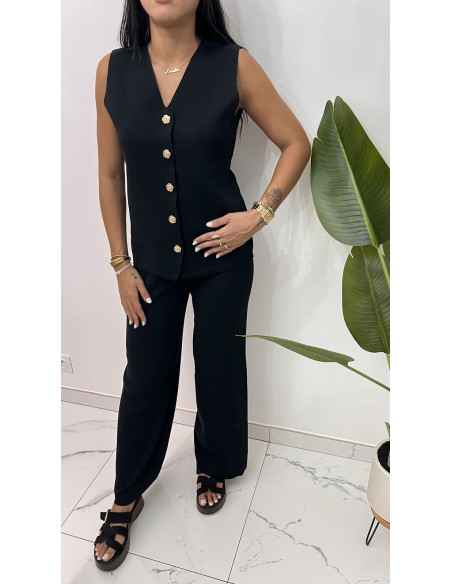 Ensemble en viscose noir petits boutons fleurs or