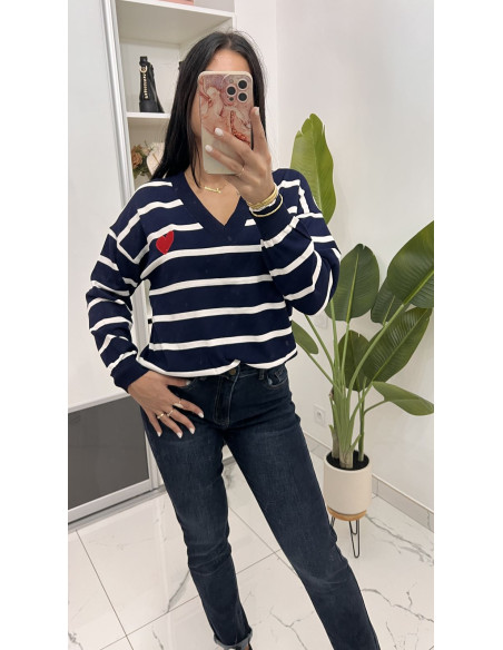 Pull marin coeur rouge