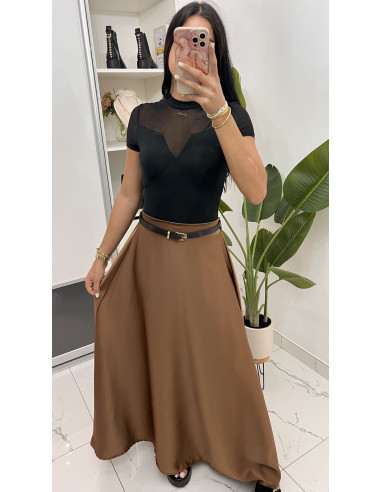Jupe longue satinée avec ceinture