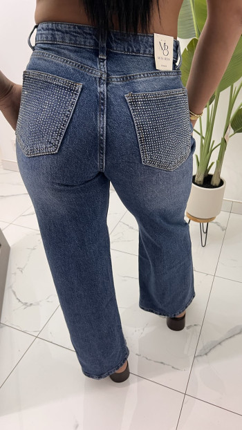 Jeans bleu asymétrique poches strass 2