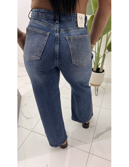 Jeans bleu asymétrique poches strass