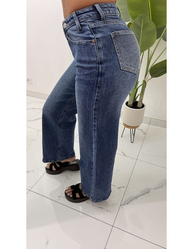 Jeans bleu asymétrique poches strass