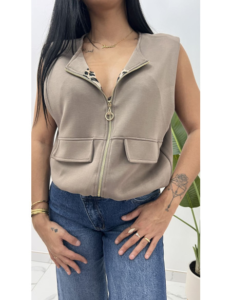 Pull veste sans manches doublure léopard